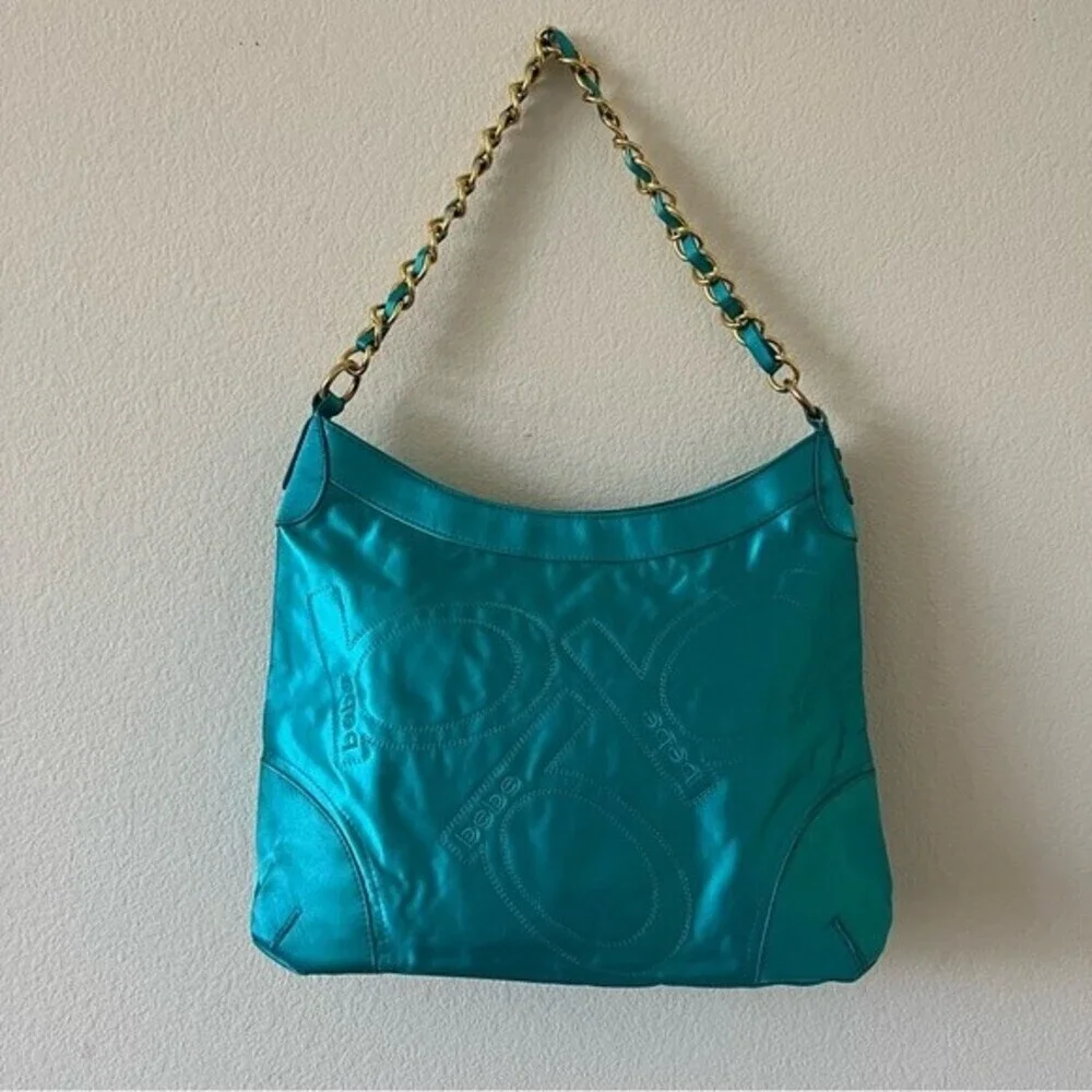 Vintage Bebe Y2K Turquoise Satin Logo Hobo Bag Teal Gold Chain